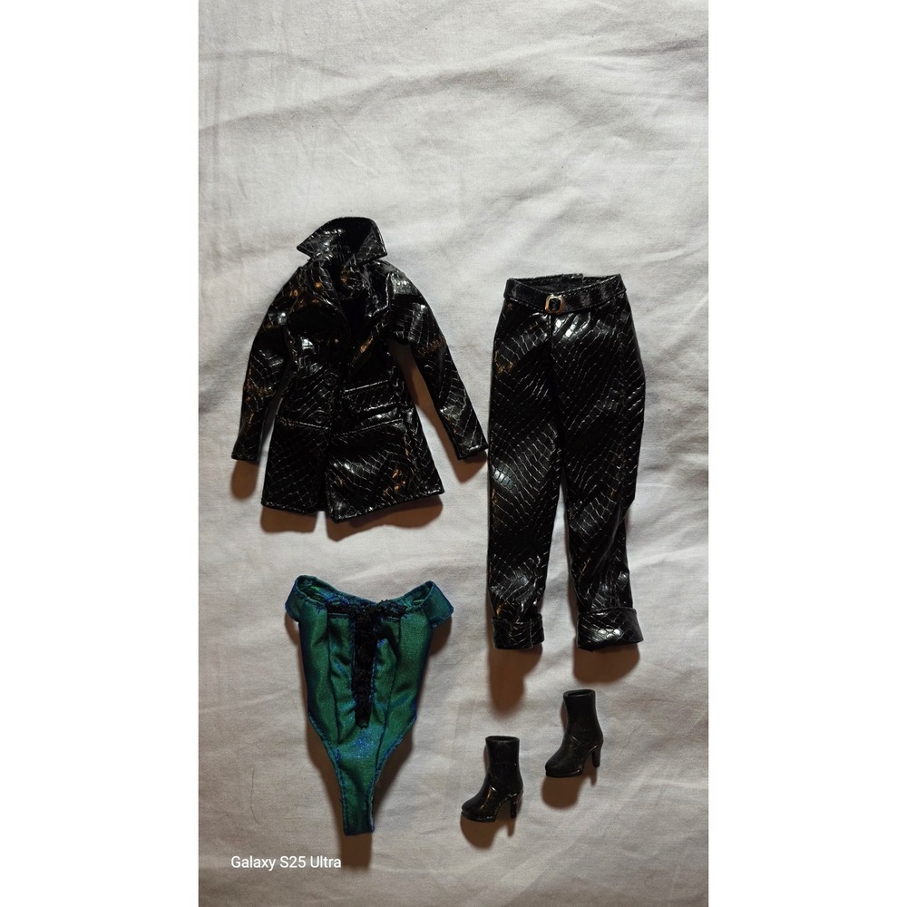 Barbie Doll Fashion Outfit Set Black Snakeskin Trench Coat Pants Teal Bodysuit